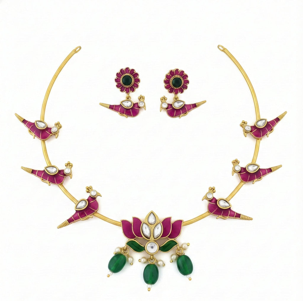 Jewel City Stunning Gold-Plated Meenakari Parrot And Lotus Necklace Set | Grocsy