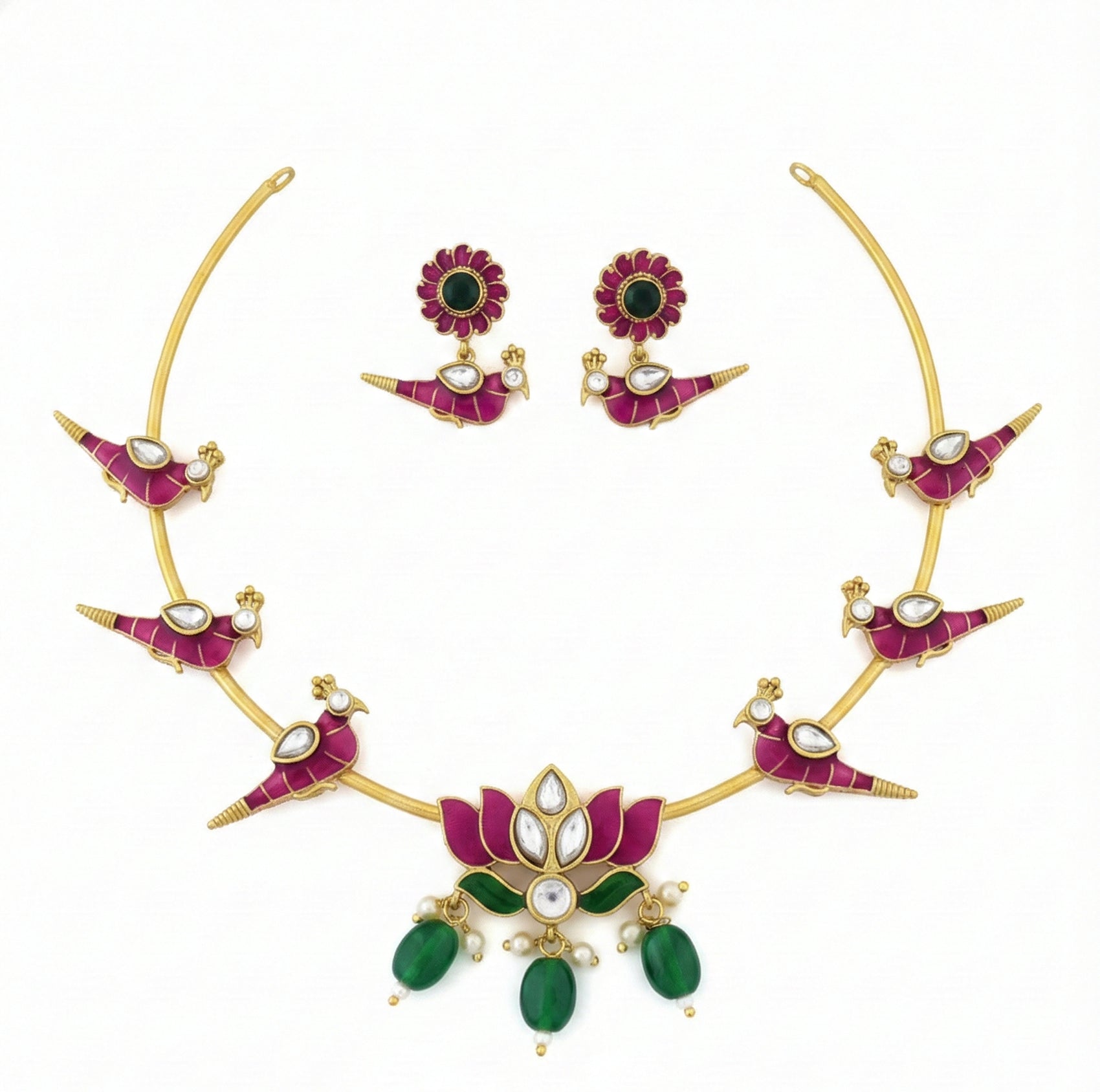 Jewel City Stunning Gold-Plated Meenakari Parrot And Lotus Necklace Set | Grocsy