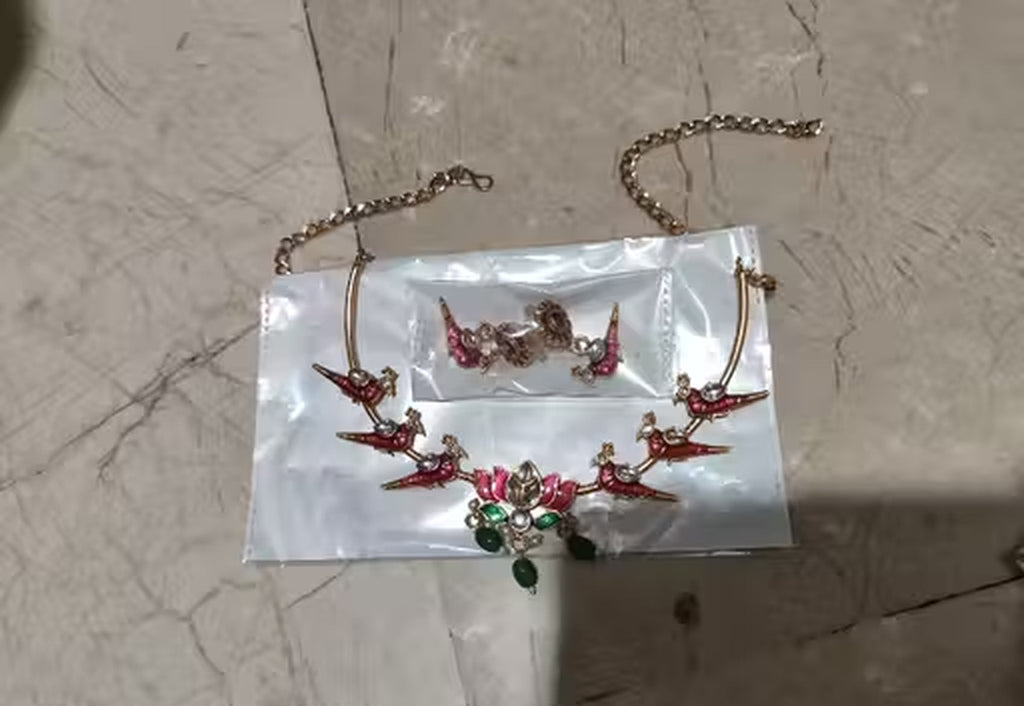 Jewel City Stunning Gold-Plated Meenakari Parrot And Lotus Necklace Set | Grocsy