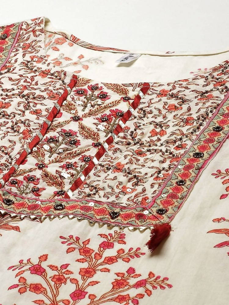 Yufta Women Off White printed Kurta with Trouser & With Dupatta | Grocsy