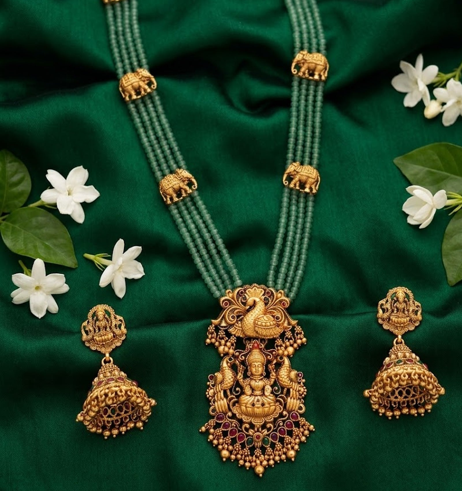 Jewel City Traditional Handcrafted Gold-Plated Long Haram Necklace Set with Pearls & Lakshmi Pendant | Ethnic Bridal Jewelry | Grocsy