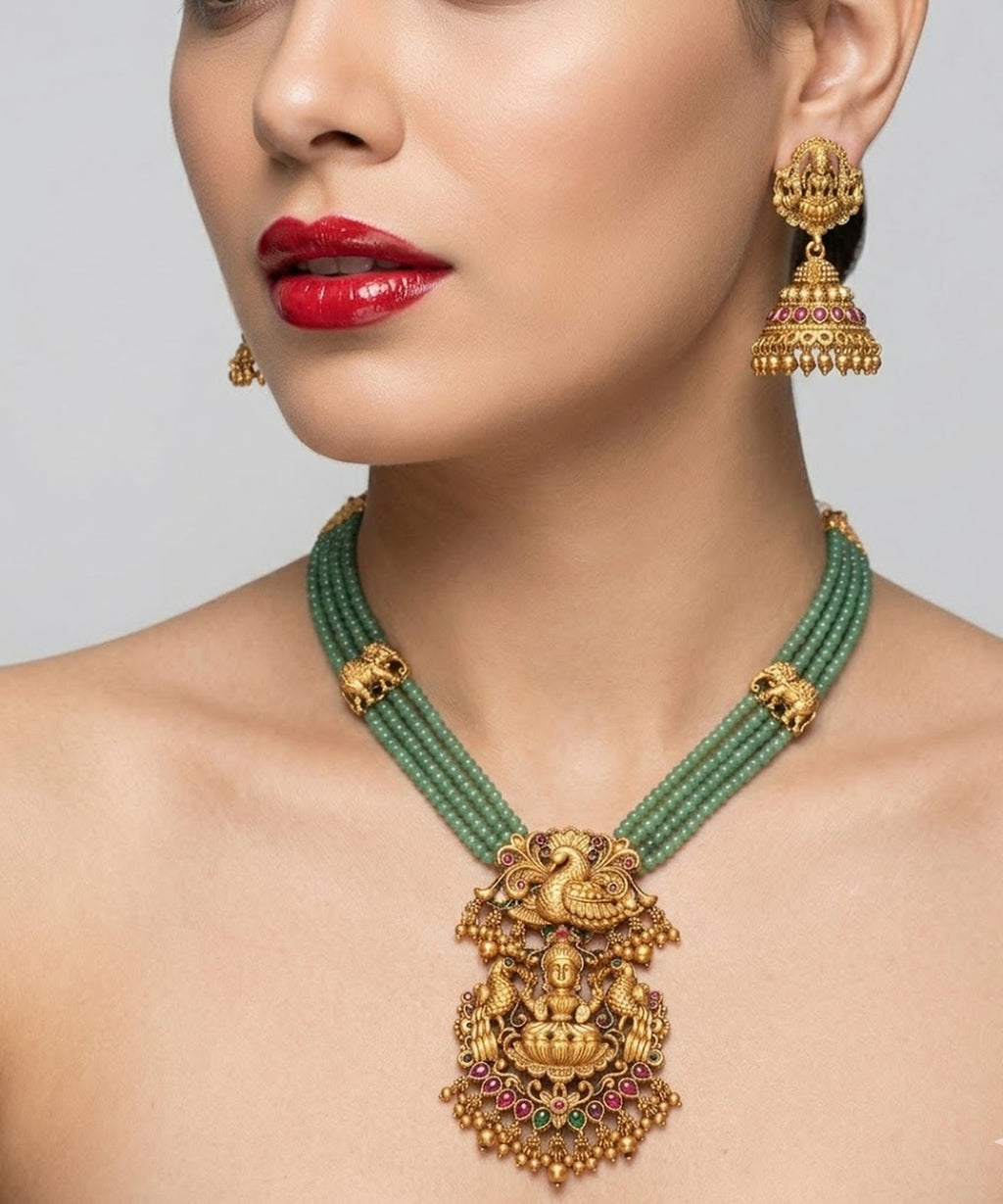 Jewel City Traditional Handcrafted Gold-Plated Long Haram Necklace Set with Pearls & Lakshmi Pendant | Ethnic Bridal Jewelry | Grocsy