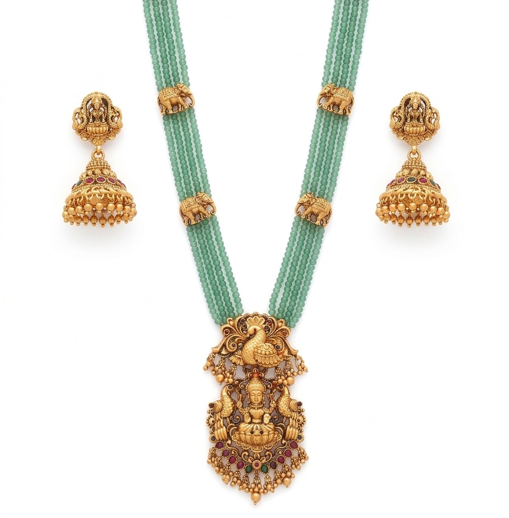 Jewel City Traditional Handcrafted Gold-Plated Long Haram Necklace Set with Pearls & Lakshmi Pendant | Ethnic Bridal Jewelry | Grocsy