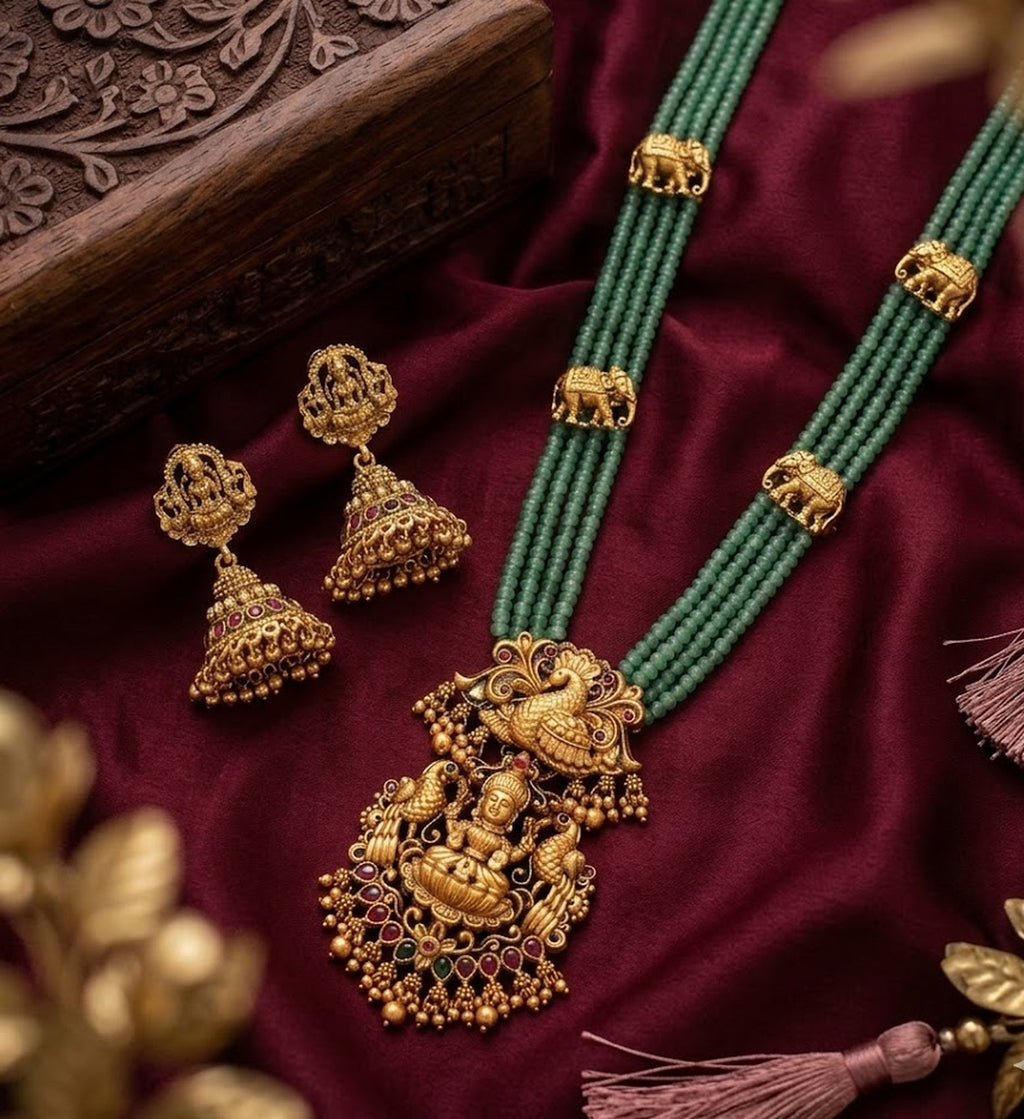 Jewel City Traditional Handcrafted Gold-Plated Long Haram Necklace Set with Pearls & Lakshmi Pendant | Ethnic Bridal Jewelry | Grocsy