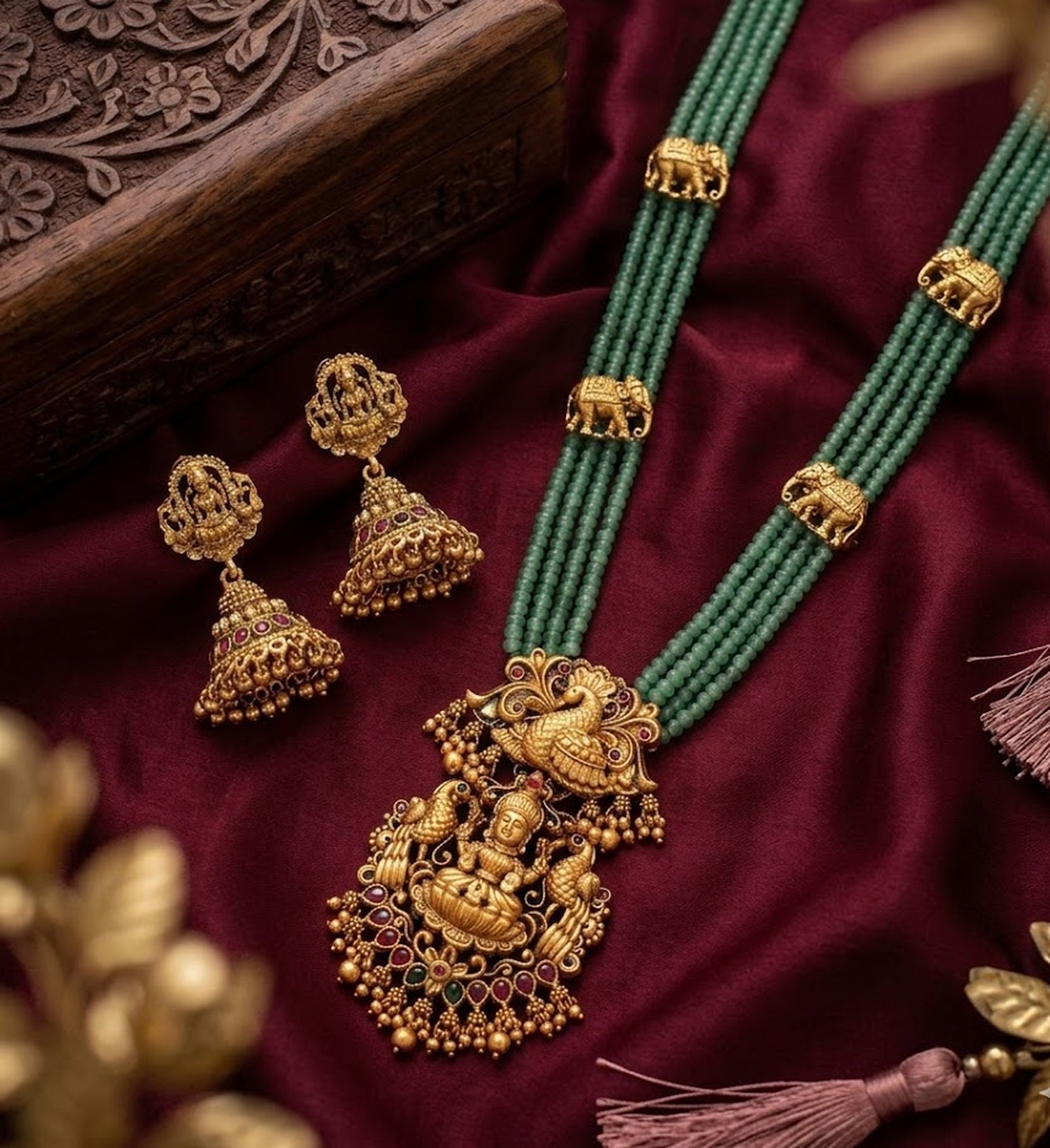 Jewel City Traditional Handcrafted Gold-Plated Long Haram Necklace Set with Pearls & Lakshmi Pendant | Ethnic Bridal Jewelry | Grocsy