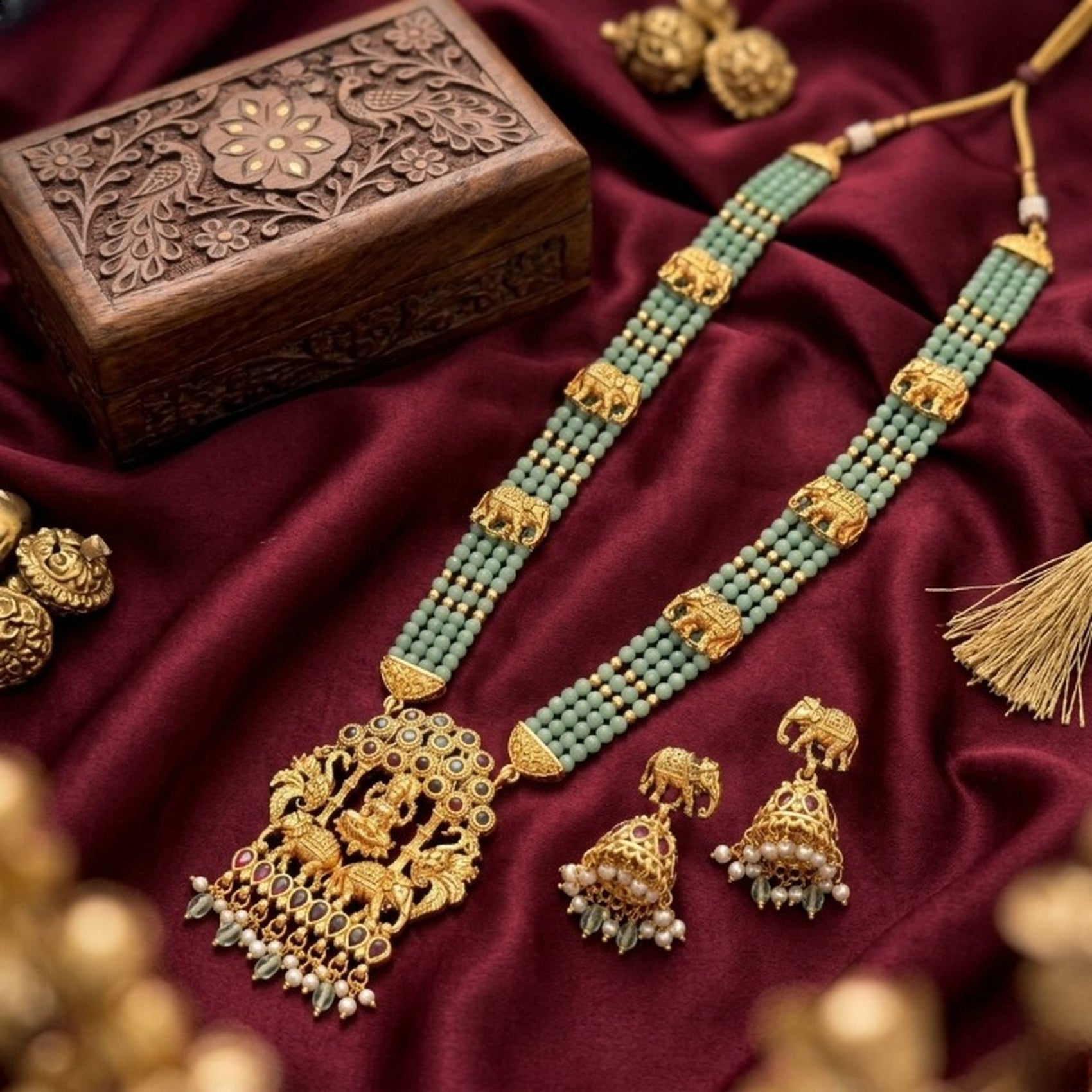 Jewel City Traditional Gold-Plated Temple Jewelry Set - Handcrafted Elephant Motif Green Bead Long Necklace & Jhumka Earrings | Grocsy