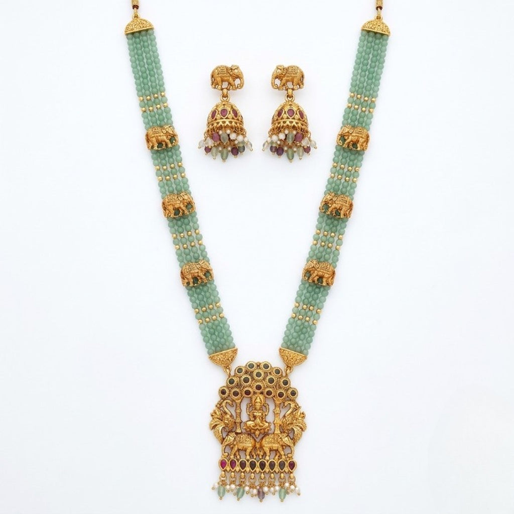 Jewel City Traditional Gold-Plated Temple Jewelry Set - Handcrafted Elephant Motif Green Bead Long Necklace & Jhumka Earrings | Grocsy