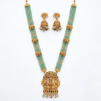 Jewel City Traditional Gold-Plated Temple Jewelry Set - Handcrafted Elephant Motif Green Bead Long Necklace & Jhumka Earrings | Grocsy