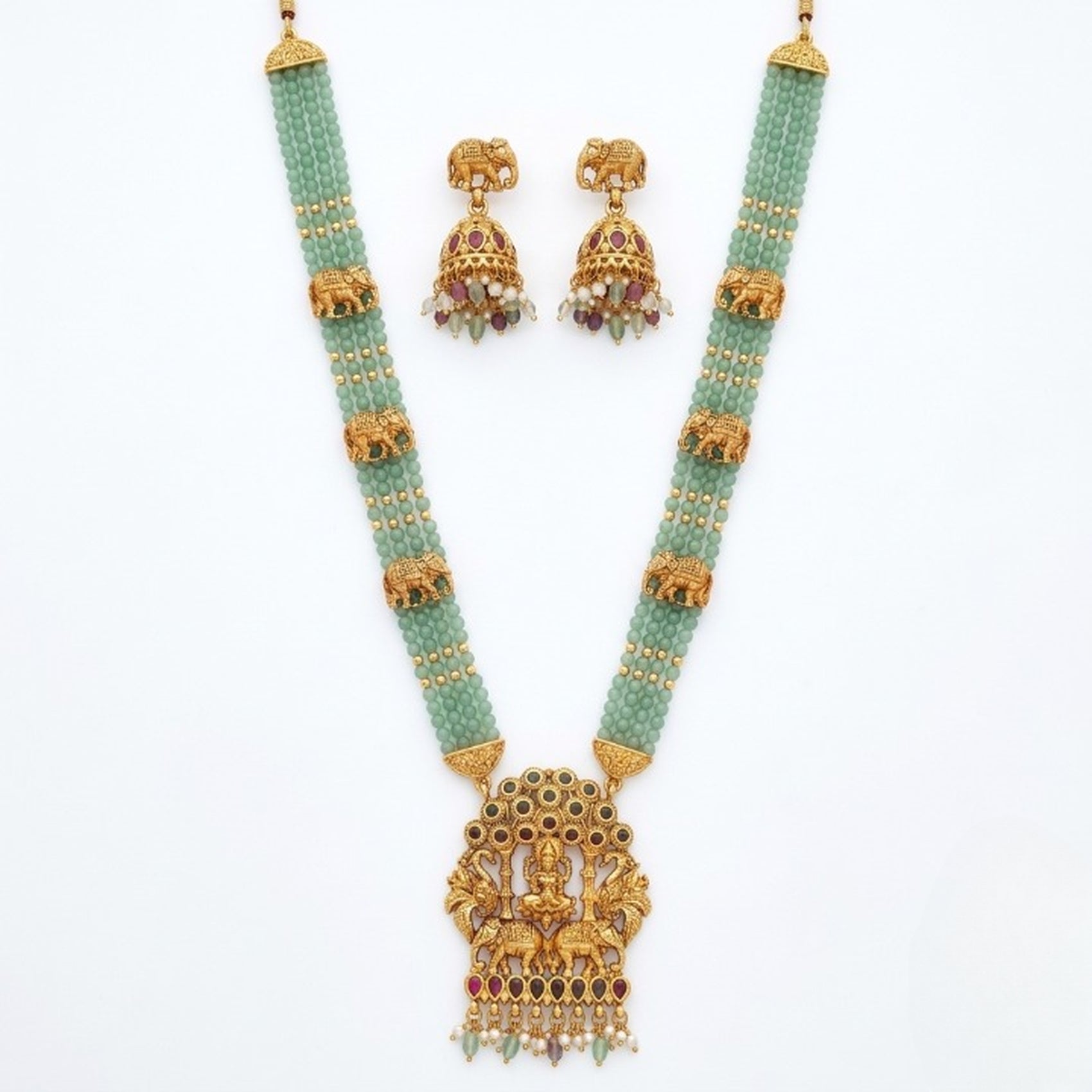 Jewel City Traditional Gold-Plated Temple Jewelry Set - Handcrafted Elephant Motif Green Bead Long Necklace & Jhumka Earrings | Grocsy