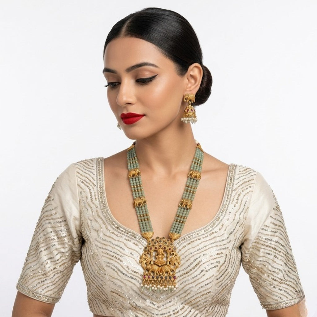 Jewel City Traditional Gold-Plated Temple Jewelry Set - Handcrafted Elephant Motif Green Bead Long Necklace & Jhumka Earrings | Grocsy