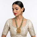 Jewel City Traditional Gold-Plated Temple Jewelry Set - Handcrafted Elephant Motif Green Bead Long Necklace & Jhumka Earrings | Grocsy