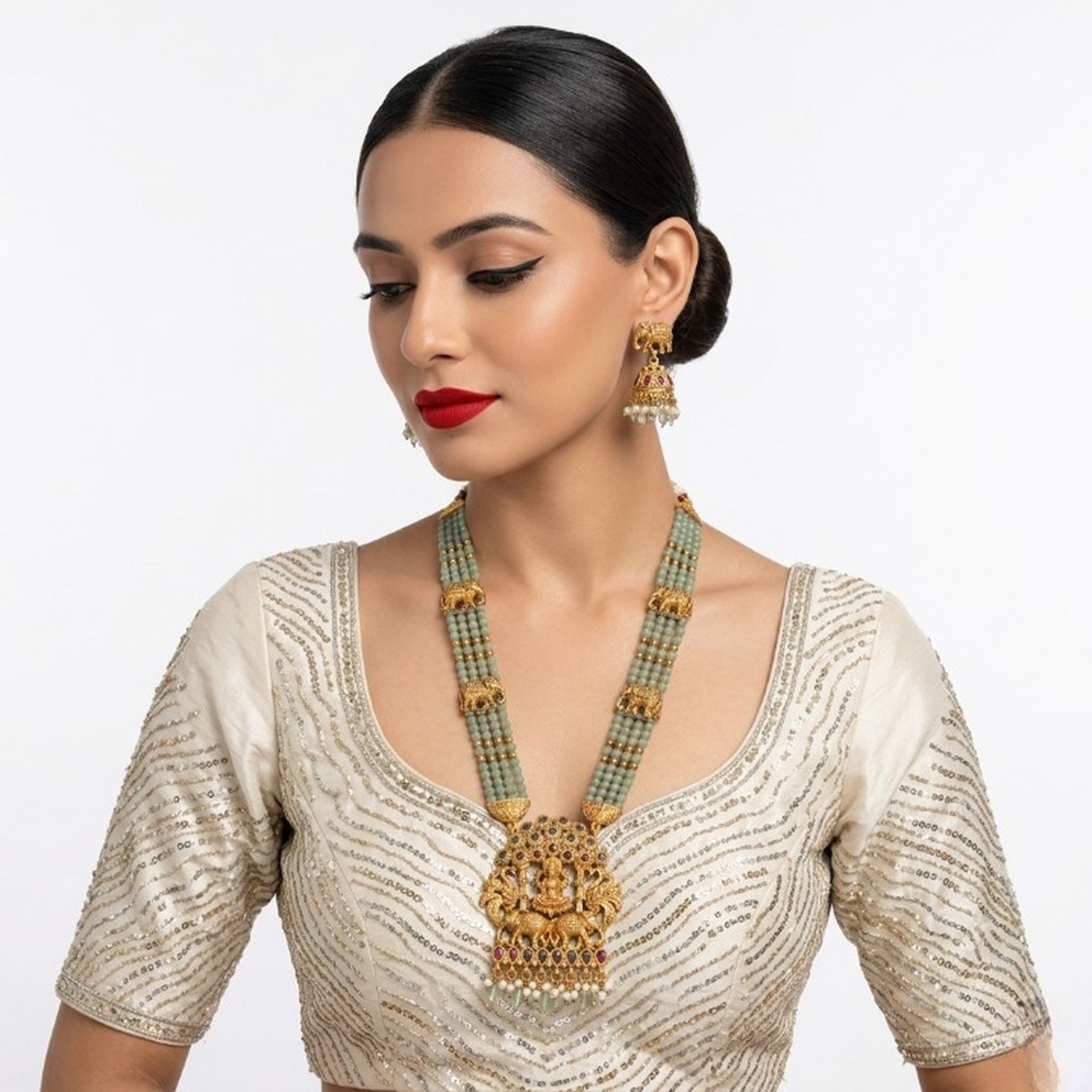 Jewel City Traditional Gold-Plated Temple Jewelry Set - Handcrafted Elephant Motif Green Bead Long Necklace & Jhumka Earrings | Grocsy