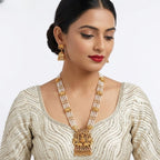 Jewel City Traditional Gold-Plated Temple Jewelry Set - Handcrafted Elephant Motif Green Bead Long Necklace & Jhumka Earrings | Grocsy