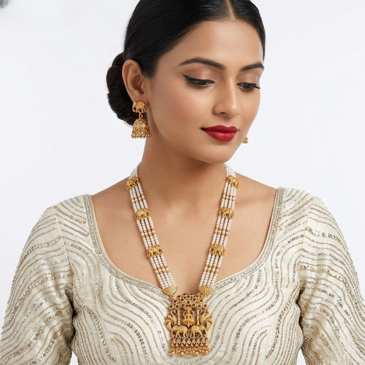 Jewel City Traditional Gold-Plated Temple Jewelry Set - Handcrafted Elephant Motif Green Bead Long Necklace & Jhumka Earrings | Grocsy