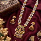 Jewel City Traditional Gold-Plated Temple Jewelry Set - Handcrafted Elephant Motif Green Bead Long Necklace & Jhumka Earrings | Grocsy