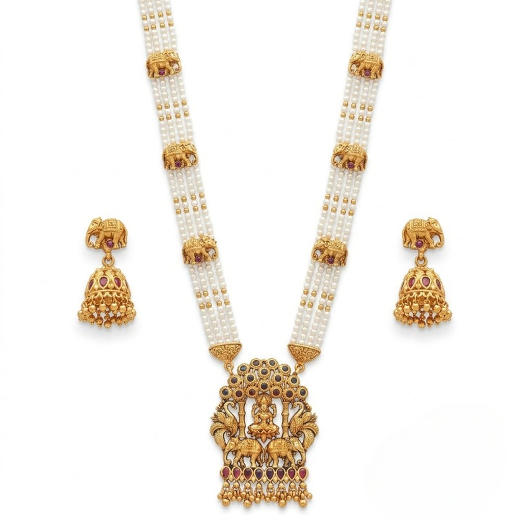 Jewel City Traditional Gold-Plated Temple Jewelry Set - Handcrafted Elephant Motif Green Bead Long Necklace & Jhumka Earrings | Grocsy
