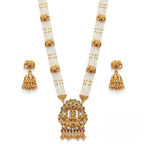 Jewel City Traditional Gold-Plated Temple Jewelry Set - Handcrafted Elephant Motif Green Bead Long Necklace & Jhumka Earrings | Grocsy