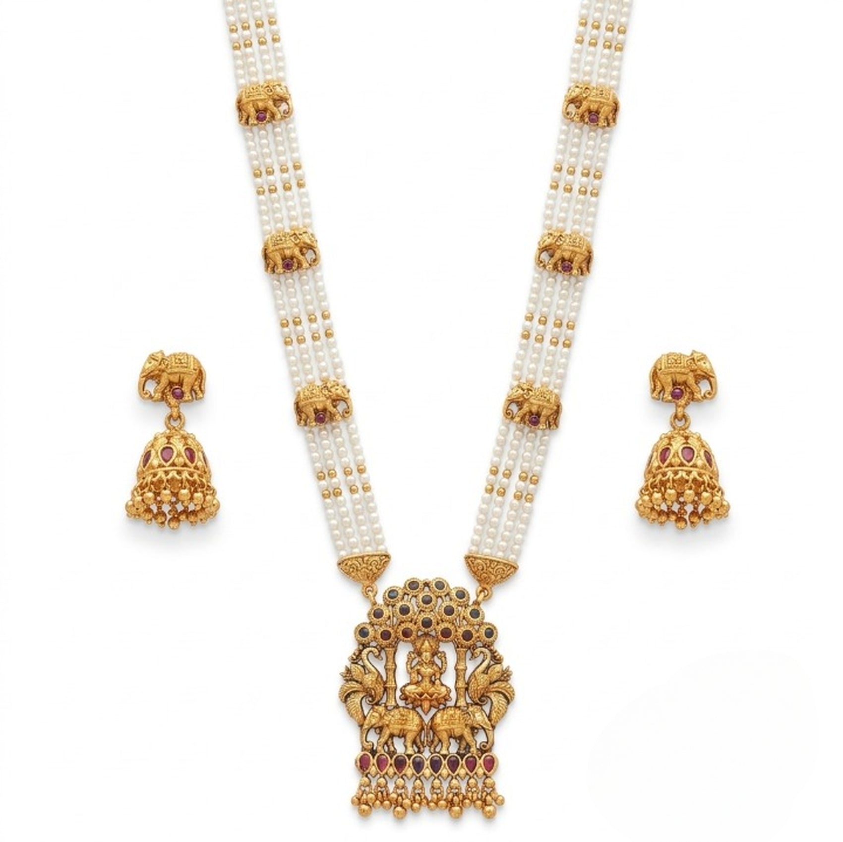 Jewel City Traditional Gold-Plated Temple Jewelry Set - Handcrafted Elephant Motif Green Bead Long Necklace & Jhumka Earrings | Grocsy