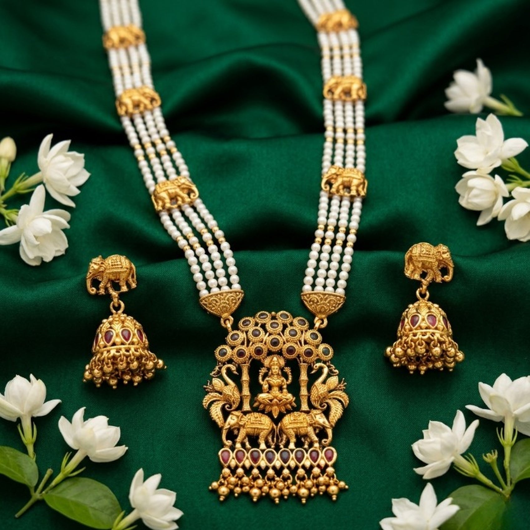 Jewel City Traditional Gold-Plated Temple Jewelry Set - Handcrafted Elephant Motif Green Bead Long Necklace & Jhumka Earrings | Grocsy