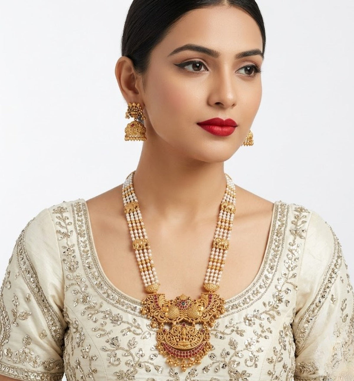 Jewel City Antique Temple Jewelry Gold-Plated Necklace Set with Lakshmi Pendant & Earrings Traditional South Indian Bridal Jewelry | Grocsy