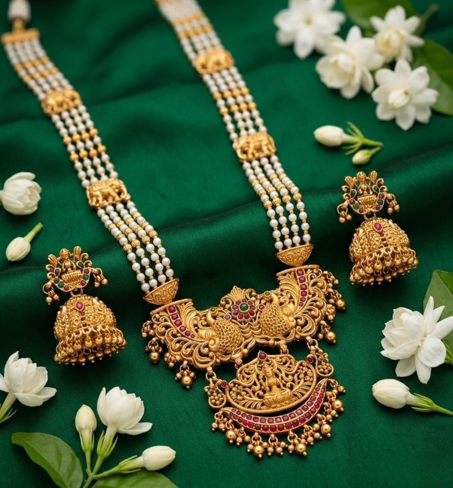 Jewel City Antique Temple Jewelry Gold-Plated Necklace Set with Lakshmi Pendant & Earrings Traditional South Indian Bridal Jewelry | Grocsy