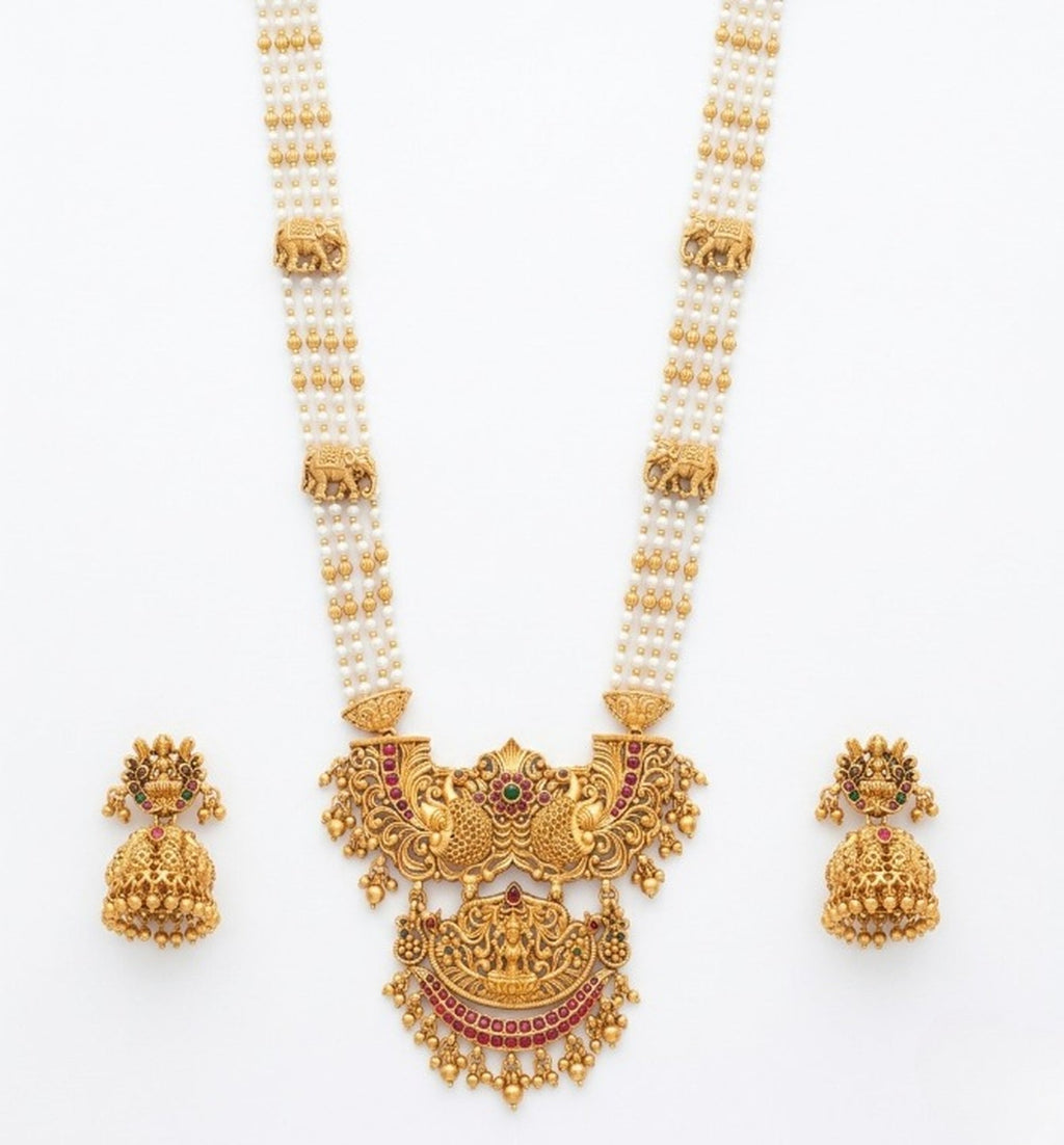Jewel City Antique Temple Jewelry Gold-Plated Necklace Set with Lakshmi Pendant & Earrings Traditional South Indian Bridal Jewelry | Grocsy