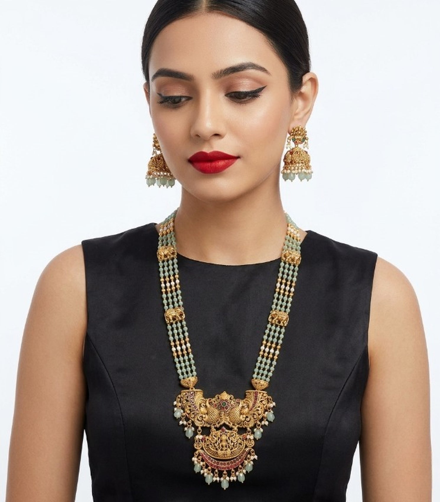 Jewel City Antique Temple Jewelry Gold-Plated Necklace Set with Lakshmi Pendant & Earrings Traditional South Indian Bridal Jewelry | Grocsy