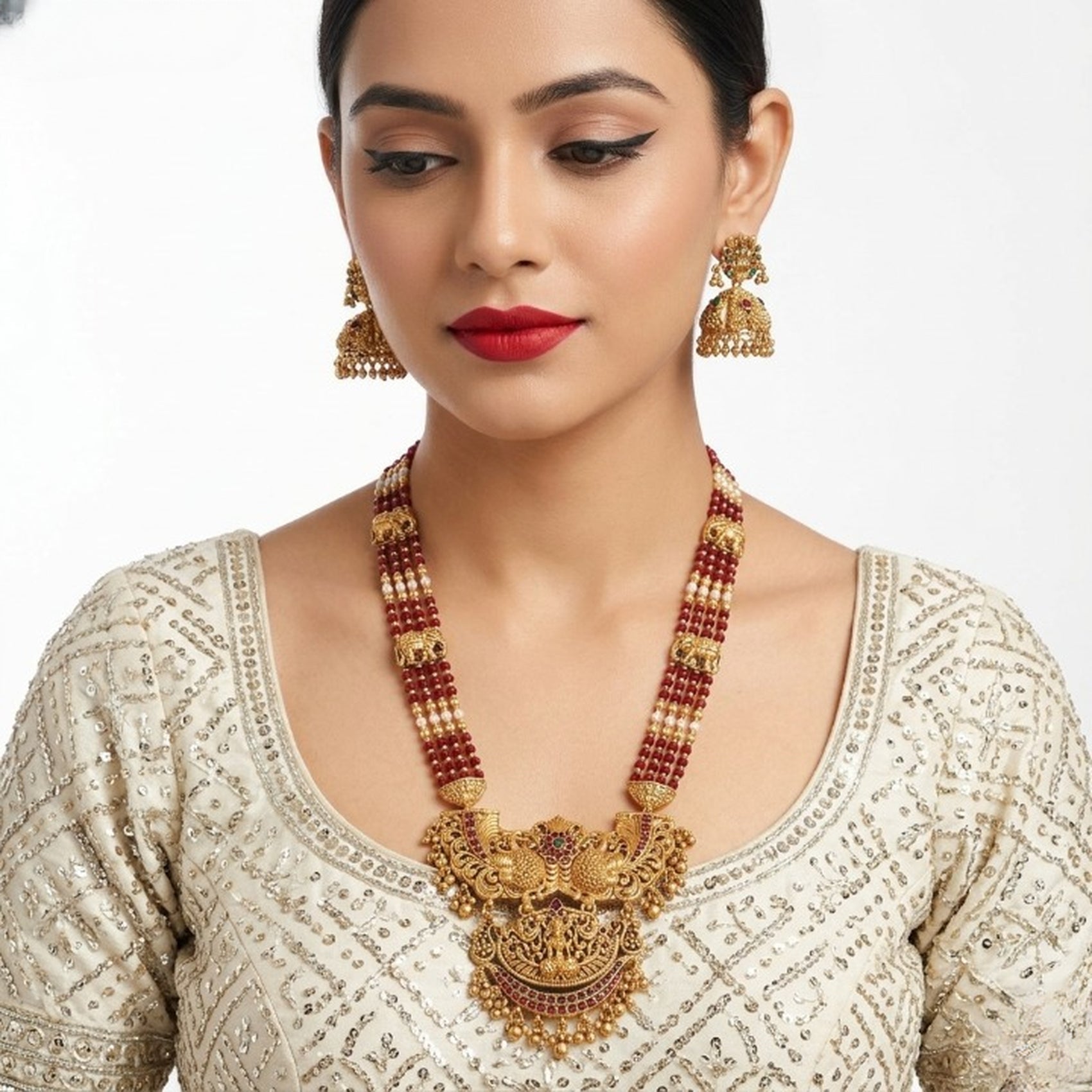 Jewel City Antique Temple Jewelry Gold-Plated Necklace Set with Lakshmi Pendant & Earrings Traditional South Indian Bridal Jewelry | Grocsy