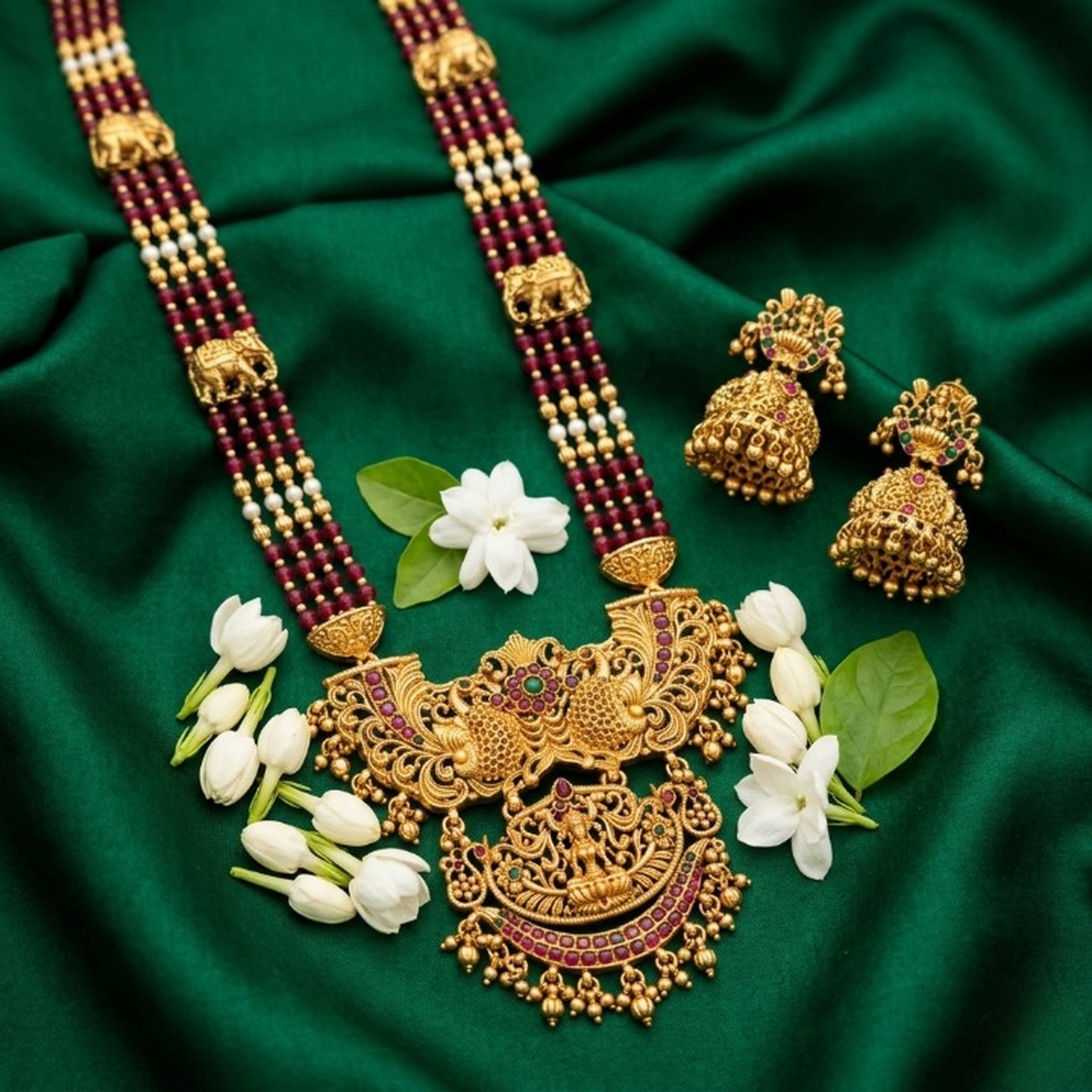 Jewel City Antique Temple Jewelry Gold-Plated Necklace Set with Lakshmi Pendant & Earrings Traditional South Indian Bridal Jewelry | Grocsy