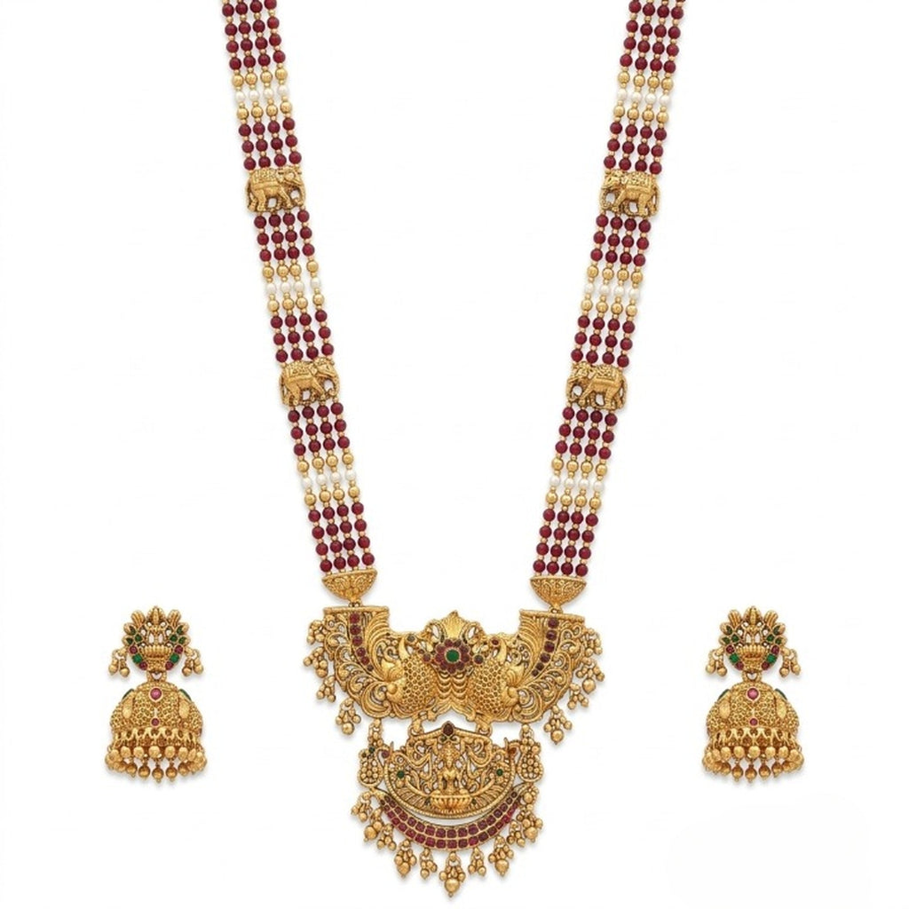 Jewel City Antique Temple Jewelry Gold-Plated Necklace Set with Lakshmi Pendant & Earrings Traditional South Indian Bridal Jewelry | Grocsy