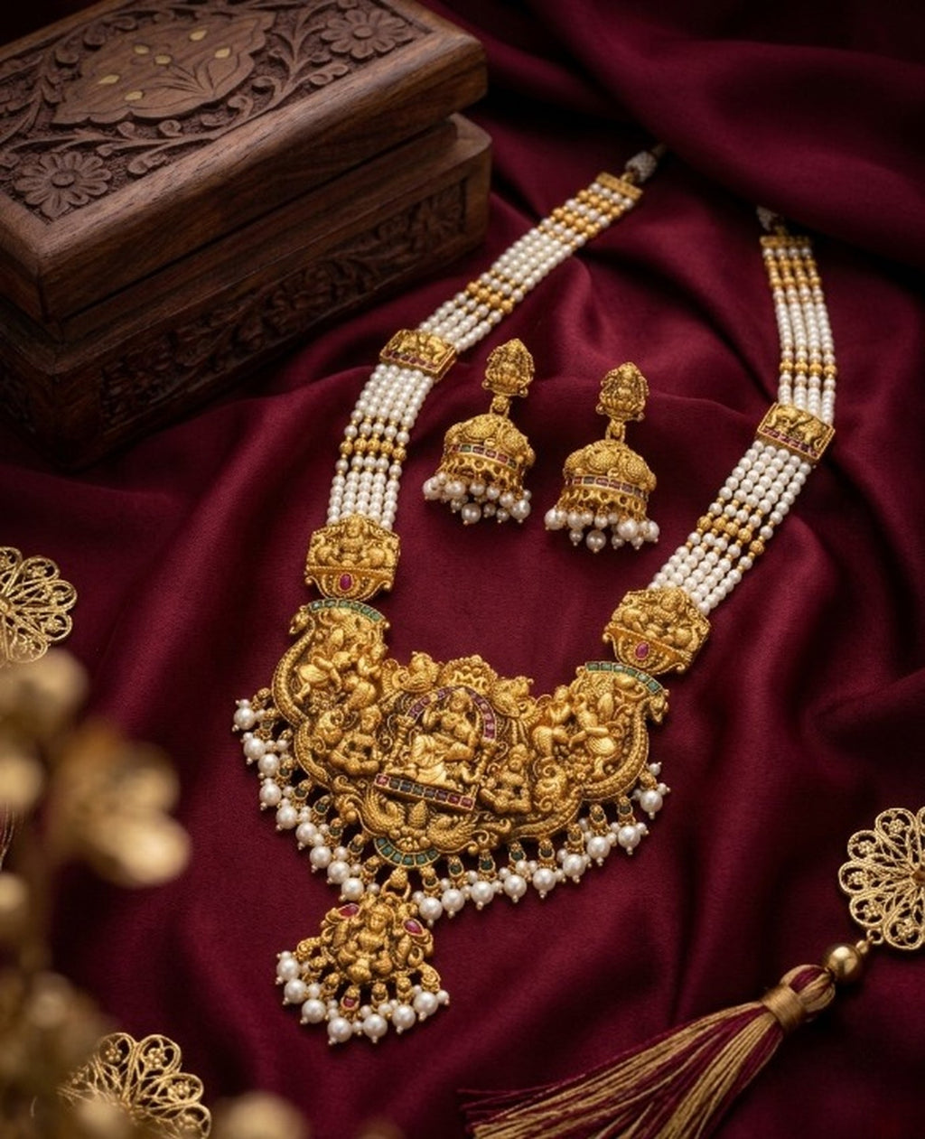 Jewel City Antique Gold-Plated Lakshmi Temple Necklace Set with Green Beads and Jhumkas | Grocsy