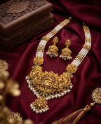 Jewel City Antique Gold-Plated Lakshmi Temple Necklace Set with Green Beads and Jhumkas | Grocsy