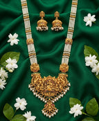 Jewel City Antique Gold-Plated Lakshmi Temple Necklace Set with Green Beads and Jhumkas | Grocsy