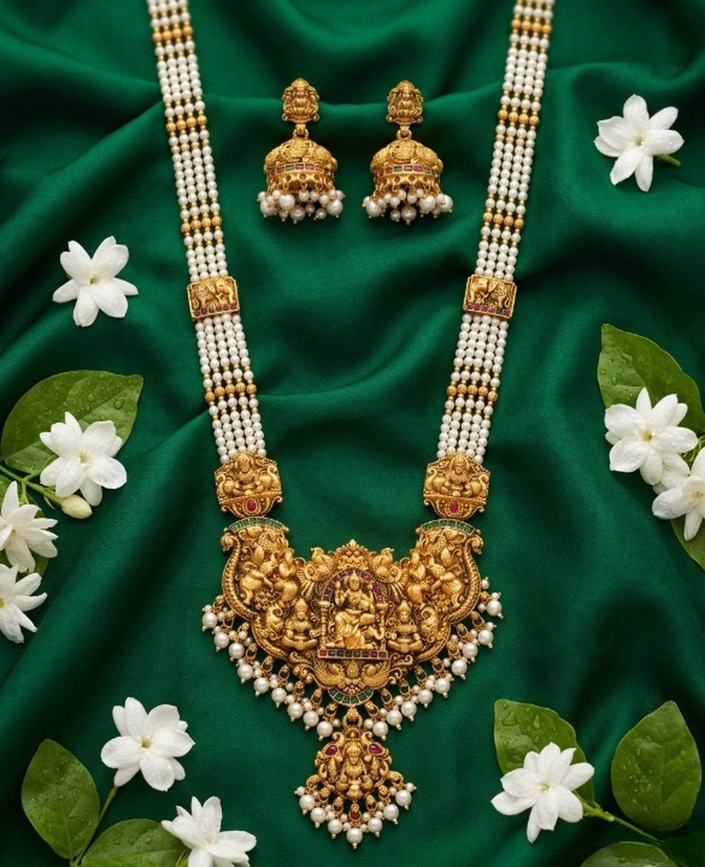 Jewel City Antique Gold-Plated Lakshmi Temple Necklace Set with Green Beads and Jhumkas | Grocsy