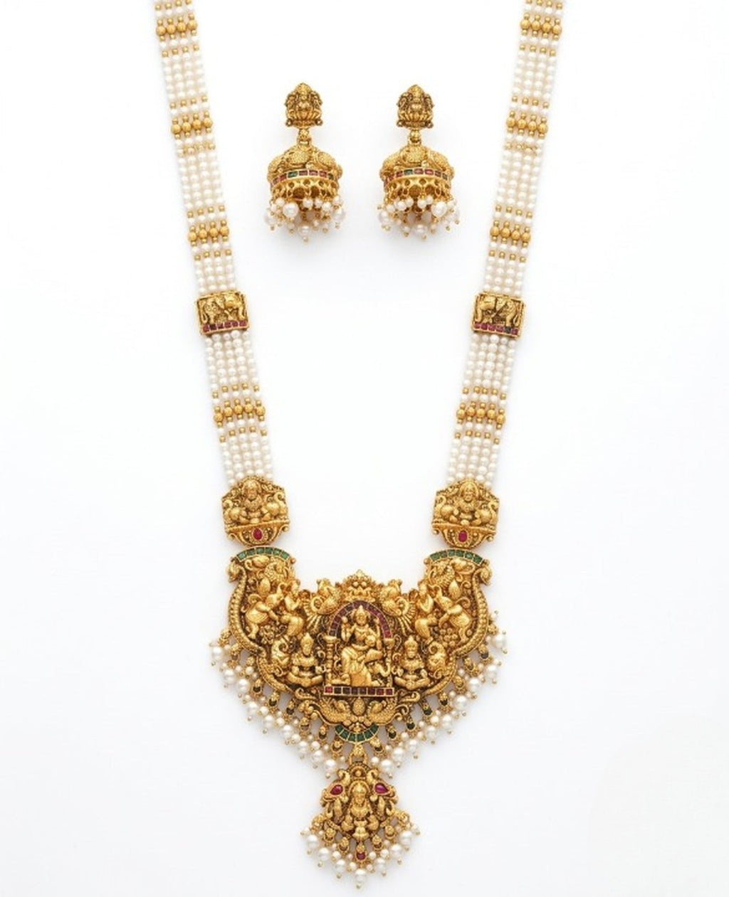 Jewel City Antique Gold-Plated Lakshmi Temple Necklace Set with Green Beads and Jhumkas | Grocsy