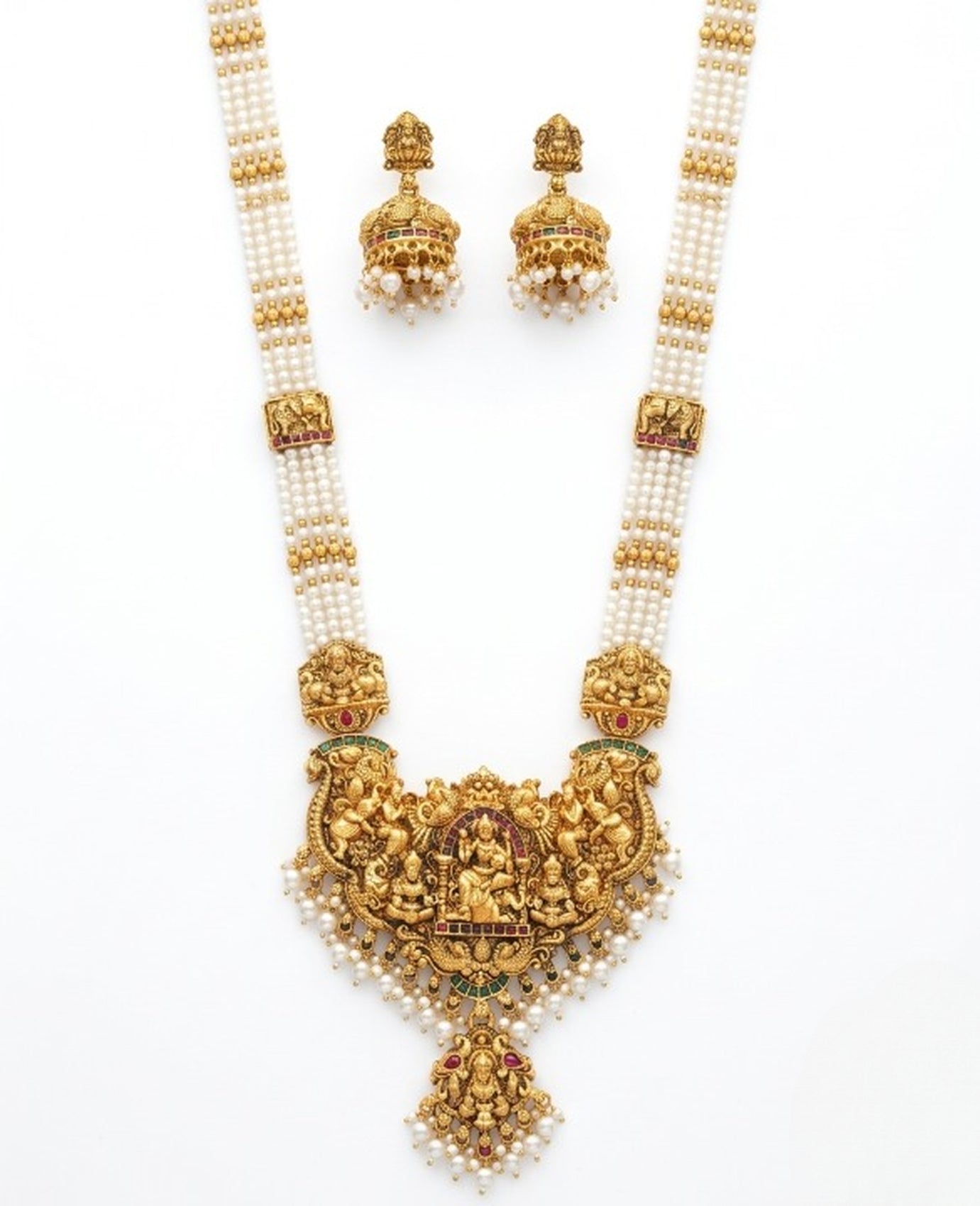 Jewel City Antique Gold-Plated Lakshmi Temple Necklace Set with Green Beads and Jhumkas | Grocsy
