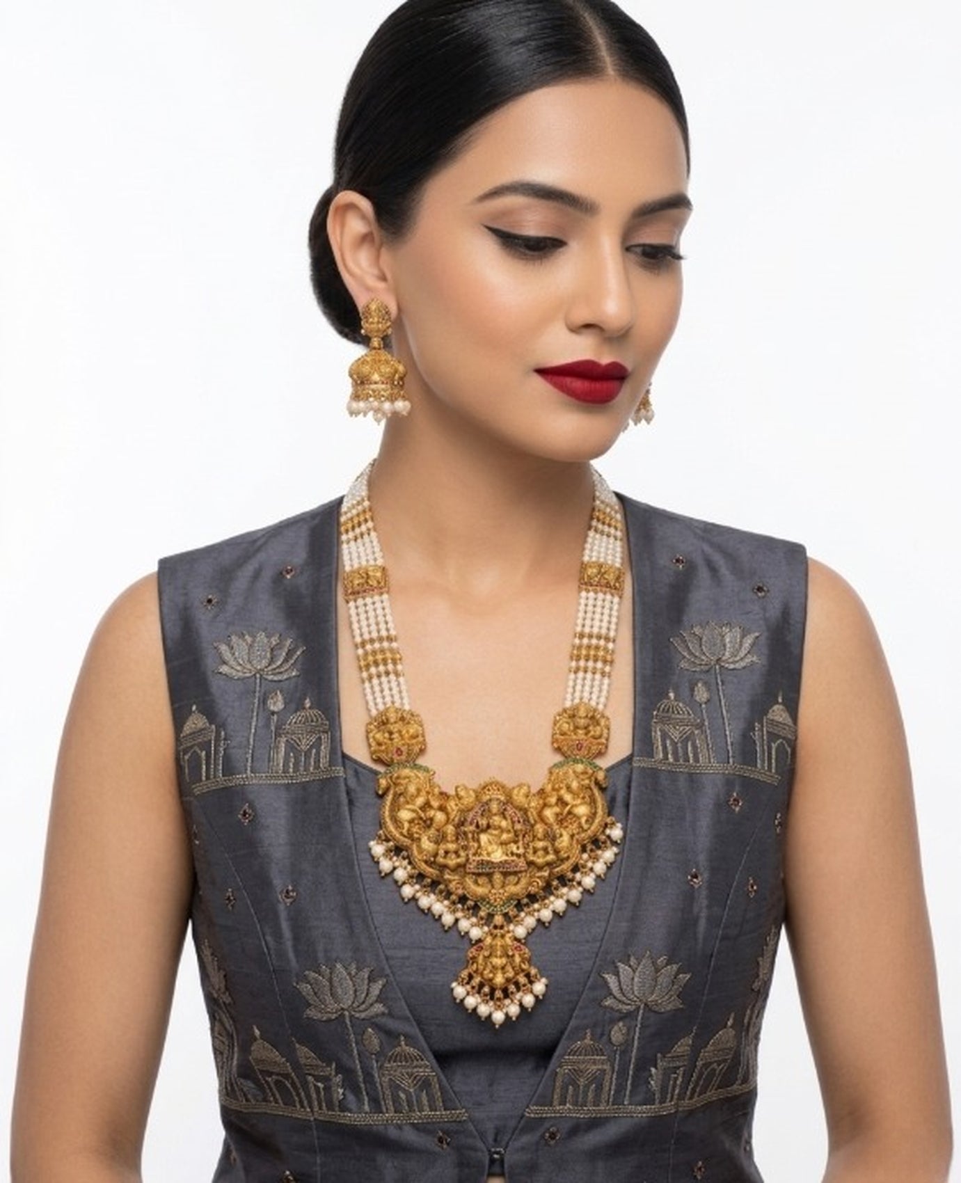 Jewel City Antique Gold-Plated Lakshmi Temple Necklace Set with Green Beads and Jhumkas | Grocsy