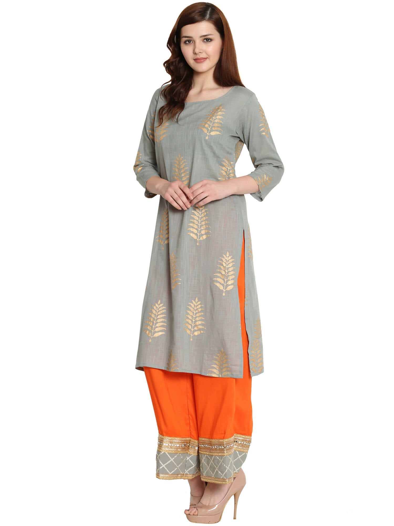 Women's Grey Gold Printed Kurti With Palazzo, Lace Work At Bottom Combined With Dupatta - G & A Apparels | Grocsy