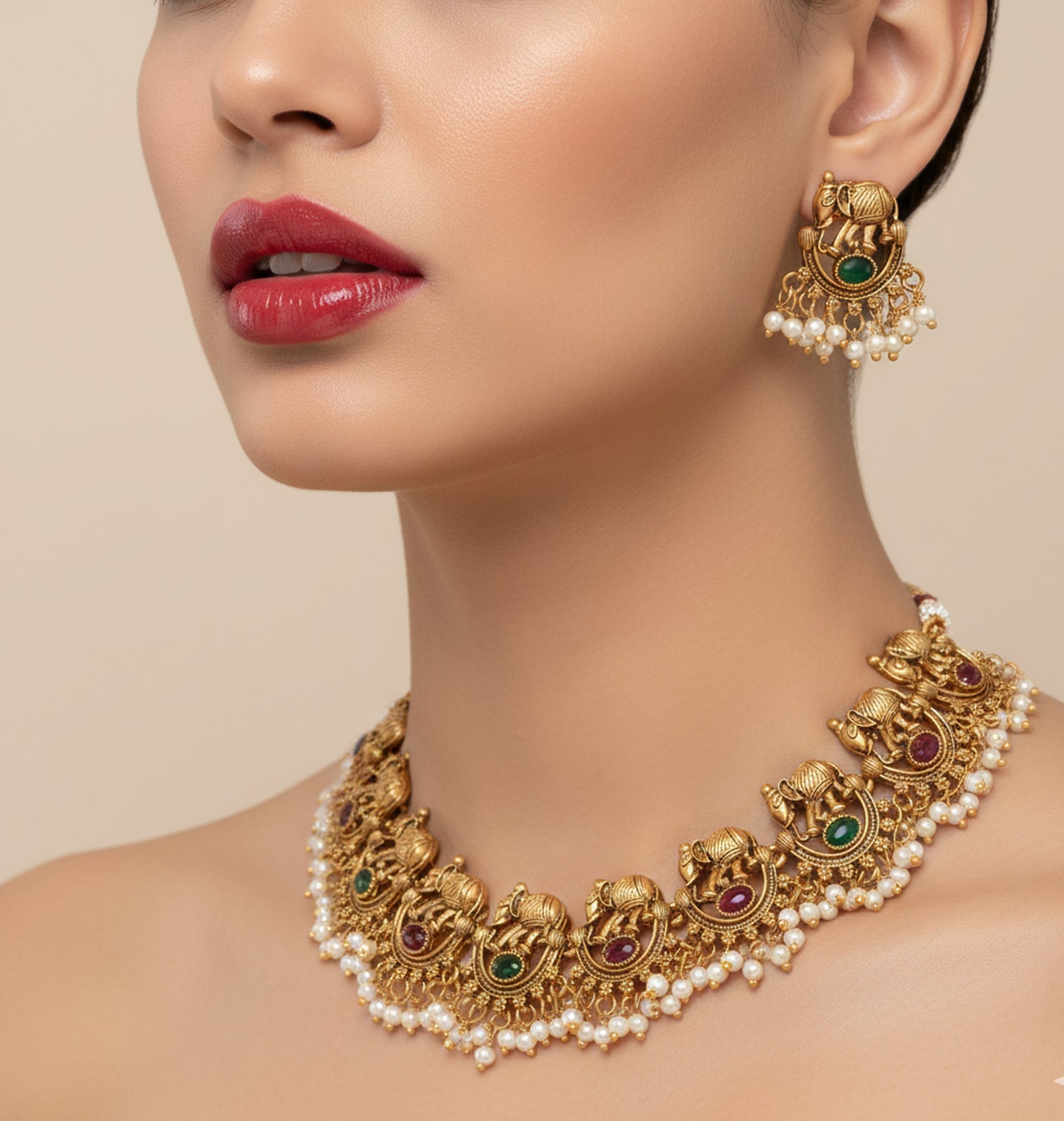 Jewel City Exquisite Antique Gold-Plated Temple Choker Necklace Set | Grocsy