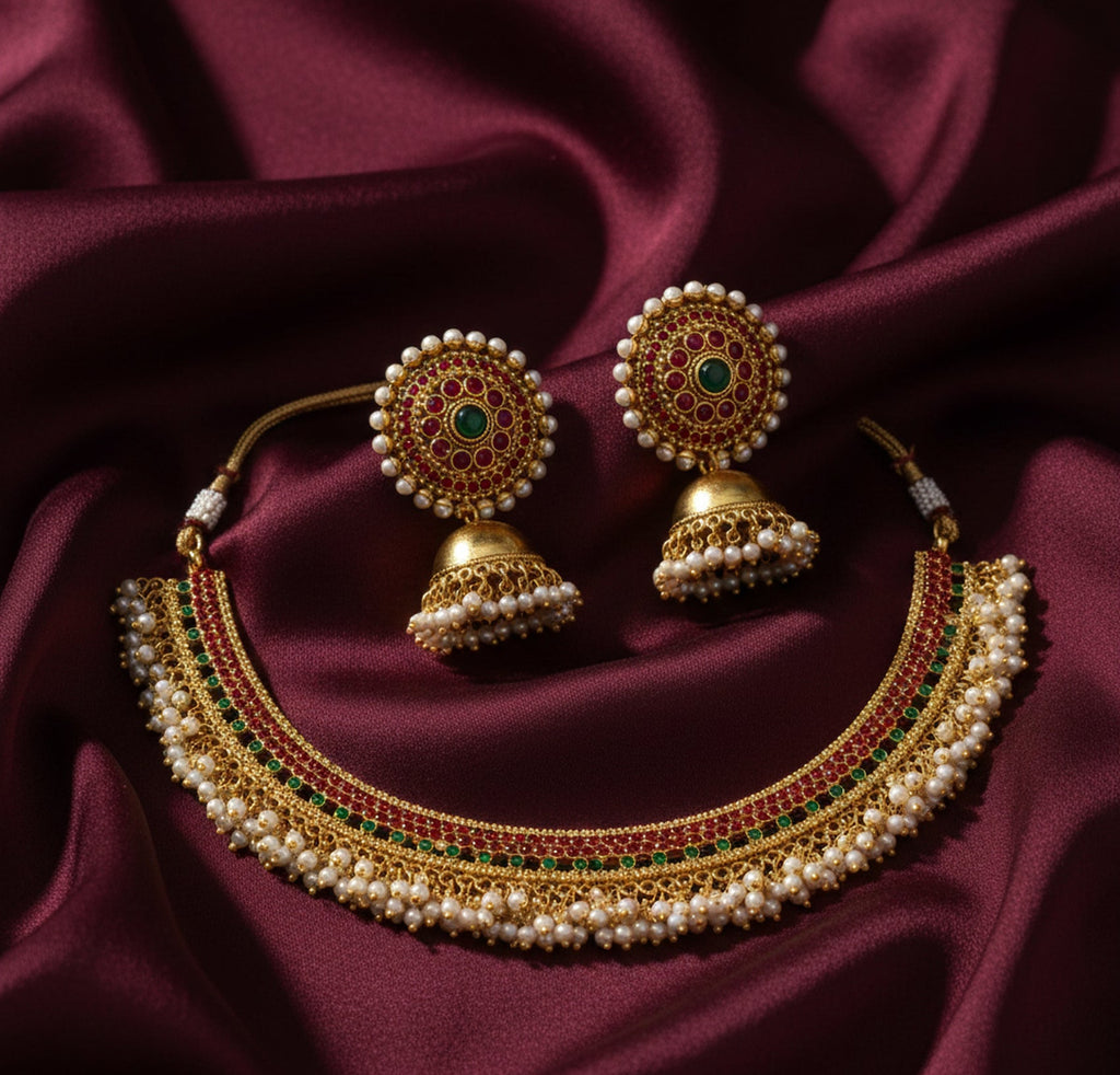 Jewel City Exquisite Gold-Plated Traditional Choker Necklace Set | Grocsy