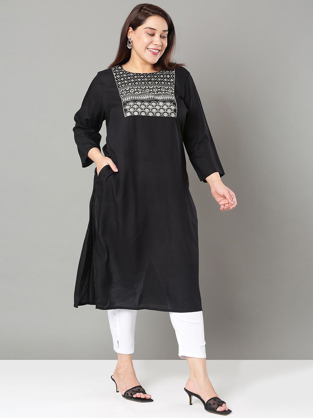Sztori Plus Size Floral Yoke Design Sequinned Straight Kurta | Grocsy