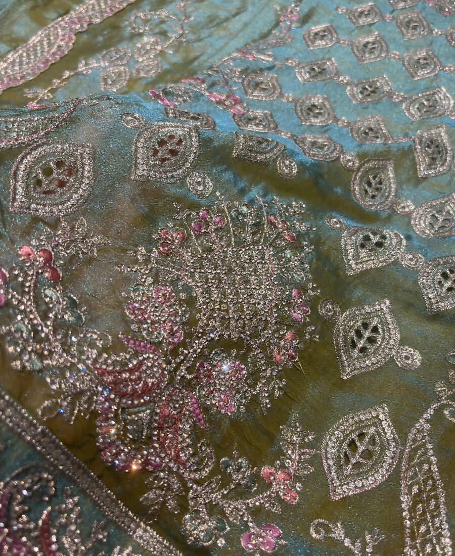 KC Heavy Embroidery Worked Two Ton Moss Silk Parrot Green Suit For Women | Grocsy