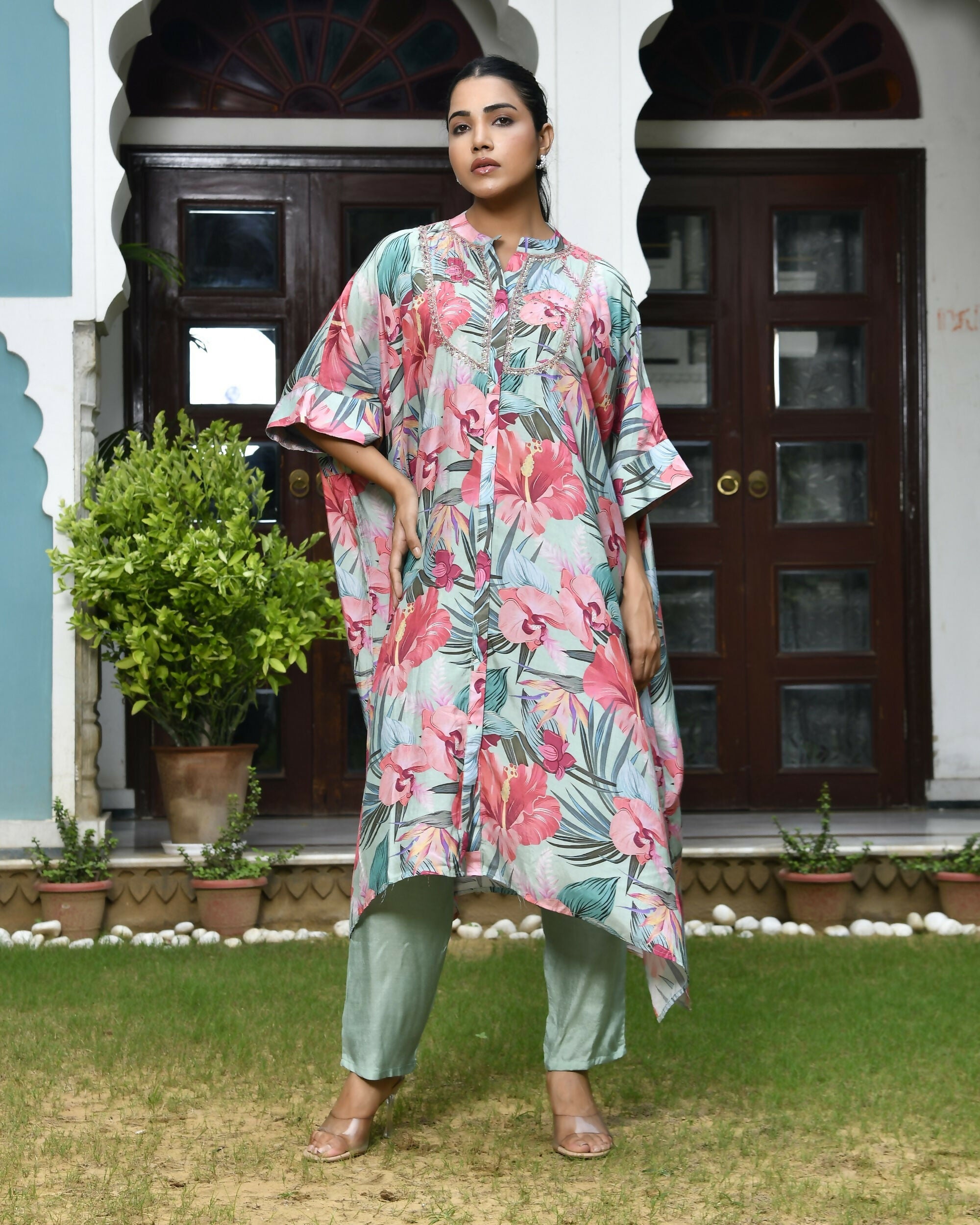 Vaasva Women's Aqua Musline Viscose Digital Printed Kaftan Pant Set | Grocsy