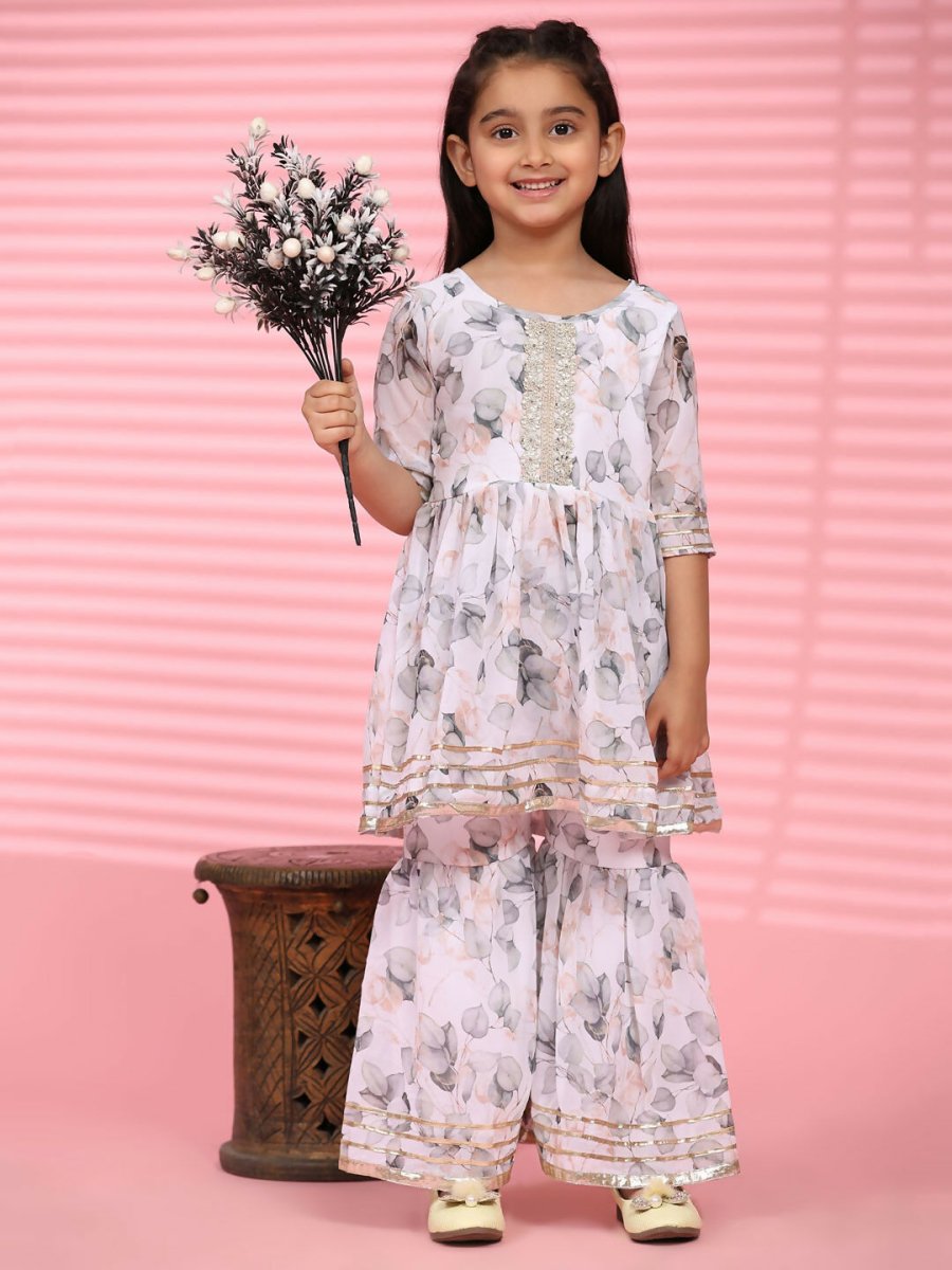Alakhi Studio Girls Floral Georgette Printed Round-Neck Kurta With Sharara - White | Grocsy