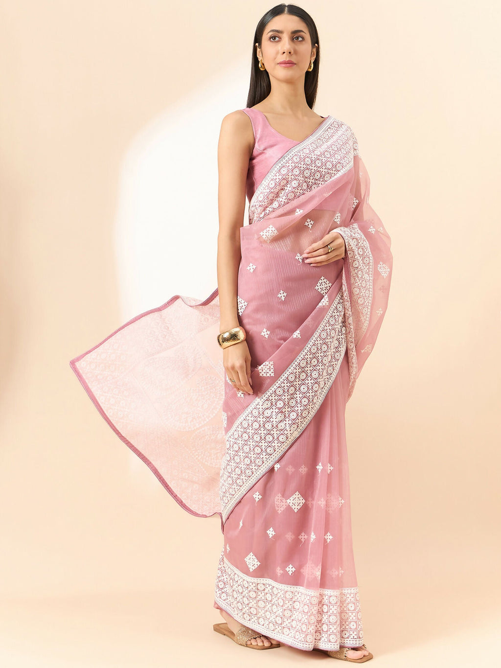 Pink Organza Geometric Embroidered Saree with Unstitched Blouse Piece - Roozal | Grocsy
