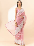 Pink Organza Geometric Embroidered Saree with Unstitched Blouse Piece - Roozal | Grocsy