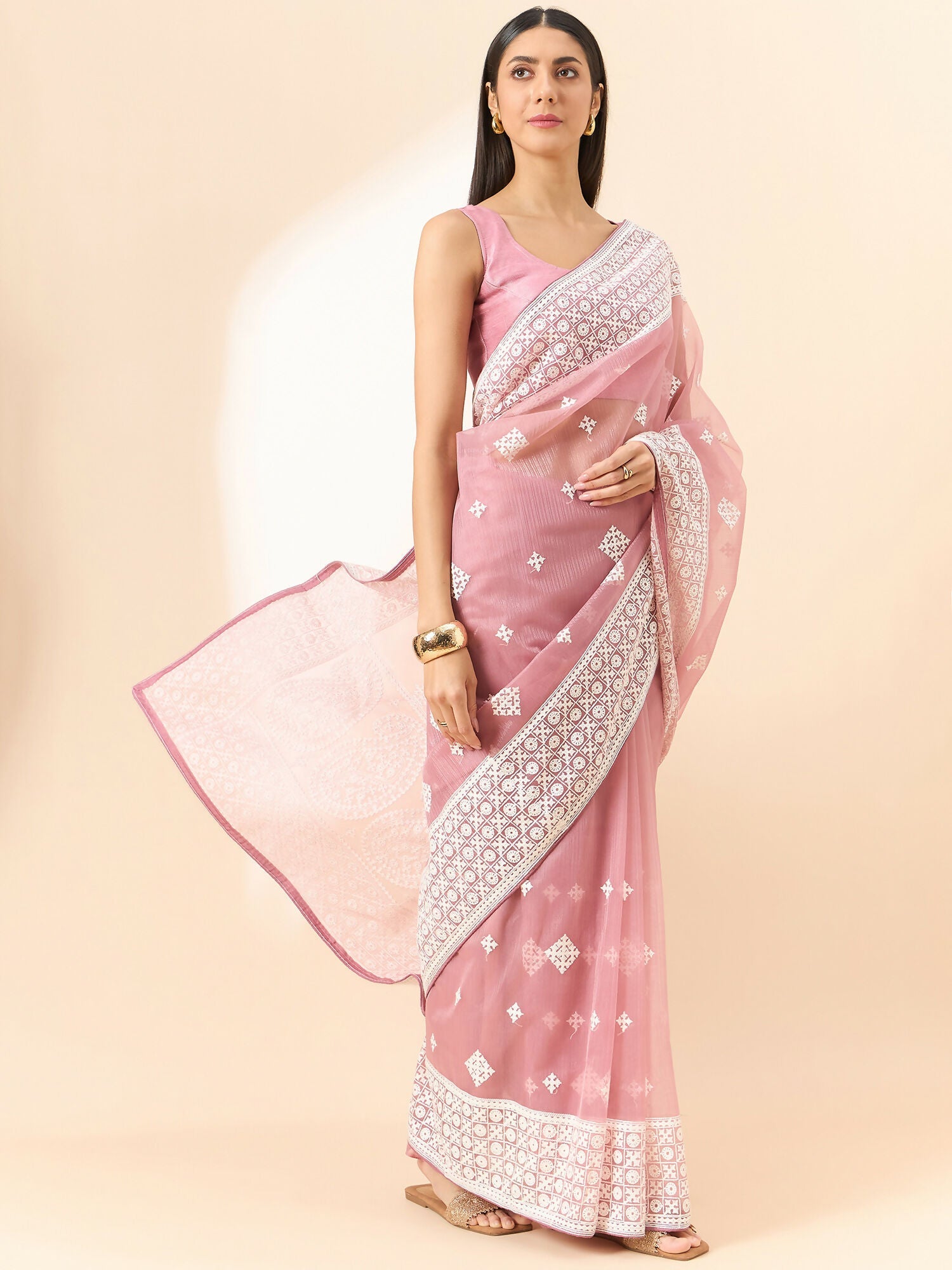 Pink Organza Geometric Embroidered Saree with Unstitched Blouse Piece - Roozal | Grocsy
