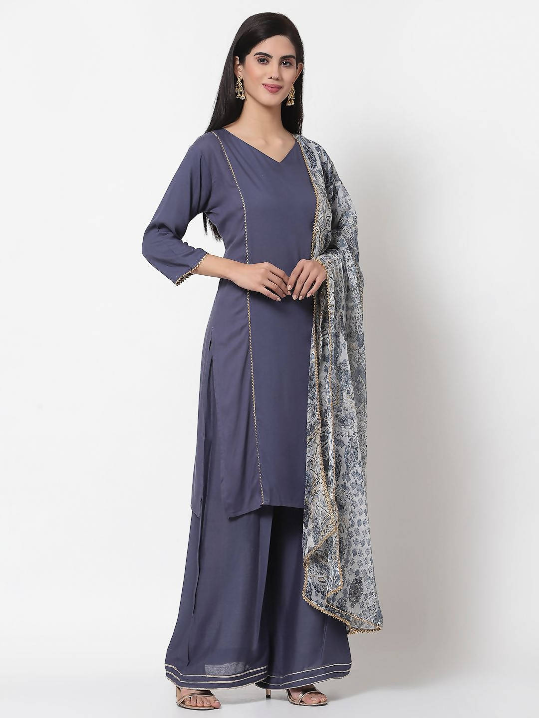 Myshka Women's Grey Viscose Solid 3/4 Sleeve V Neck Casual Kurta Palazzo Dupatta Set | Grocsy
