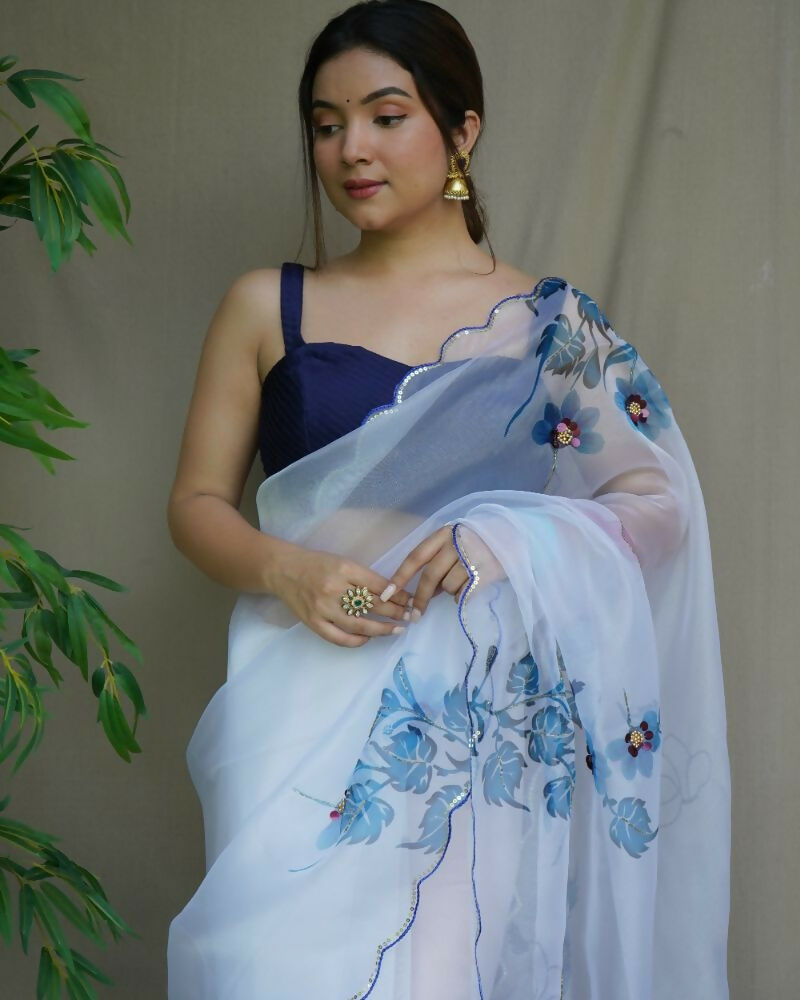 Vamsee Mudra White Organza Saree | Grocsy