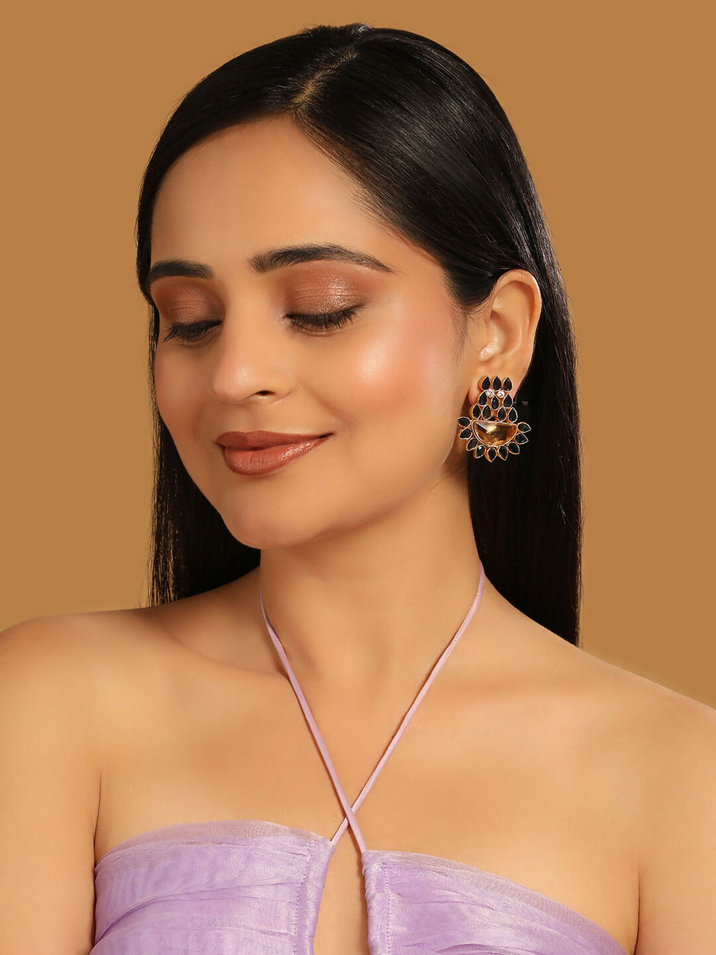 Nuyug 22K Gold Plated Crystal Studded Contemporary Floral Shaped Stud Earrings | Grocsy